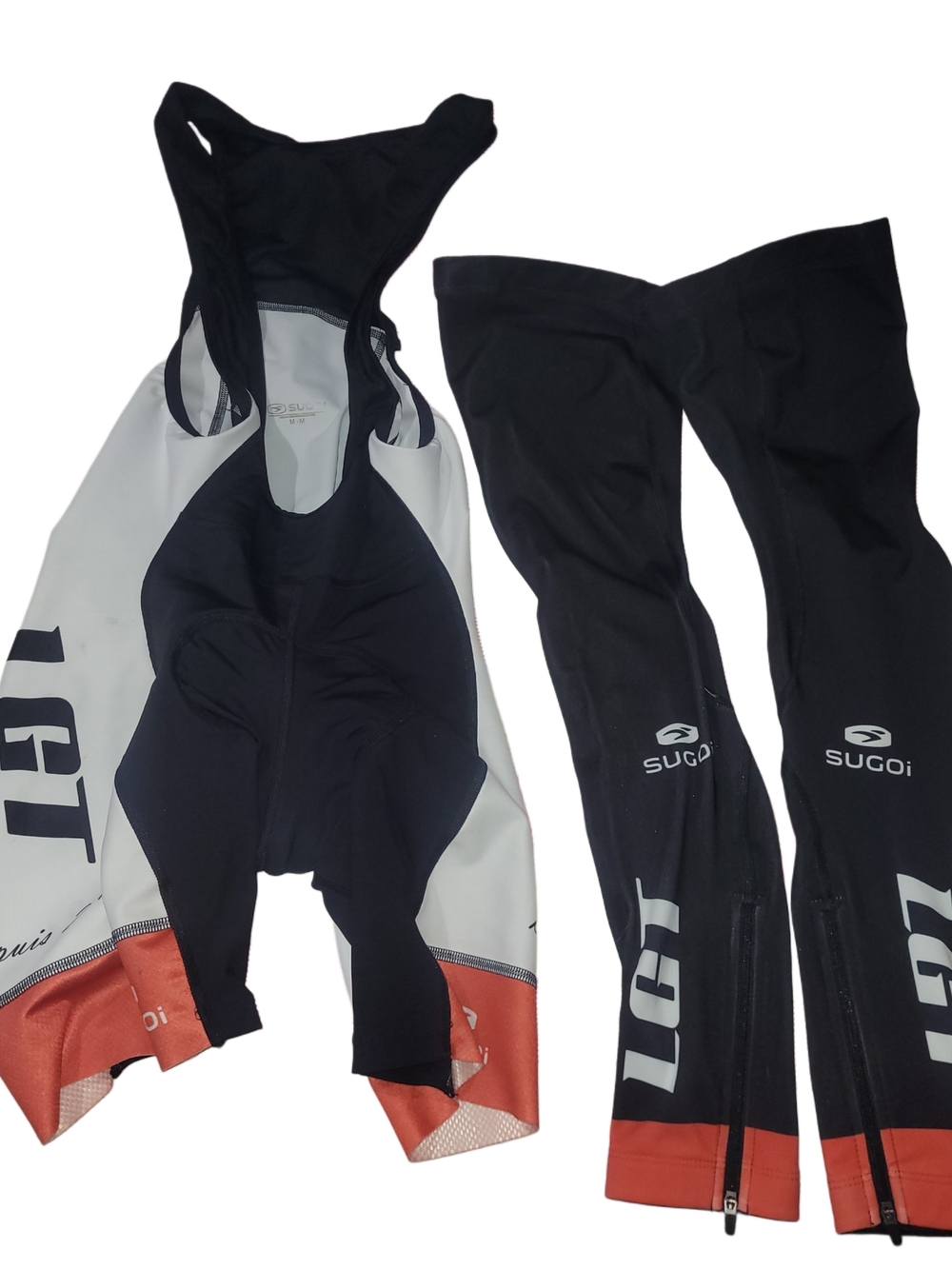 Sugoi Men's Black White and Orange Cycling Bib Shorts and Leg Warmers Size M
